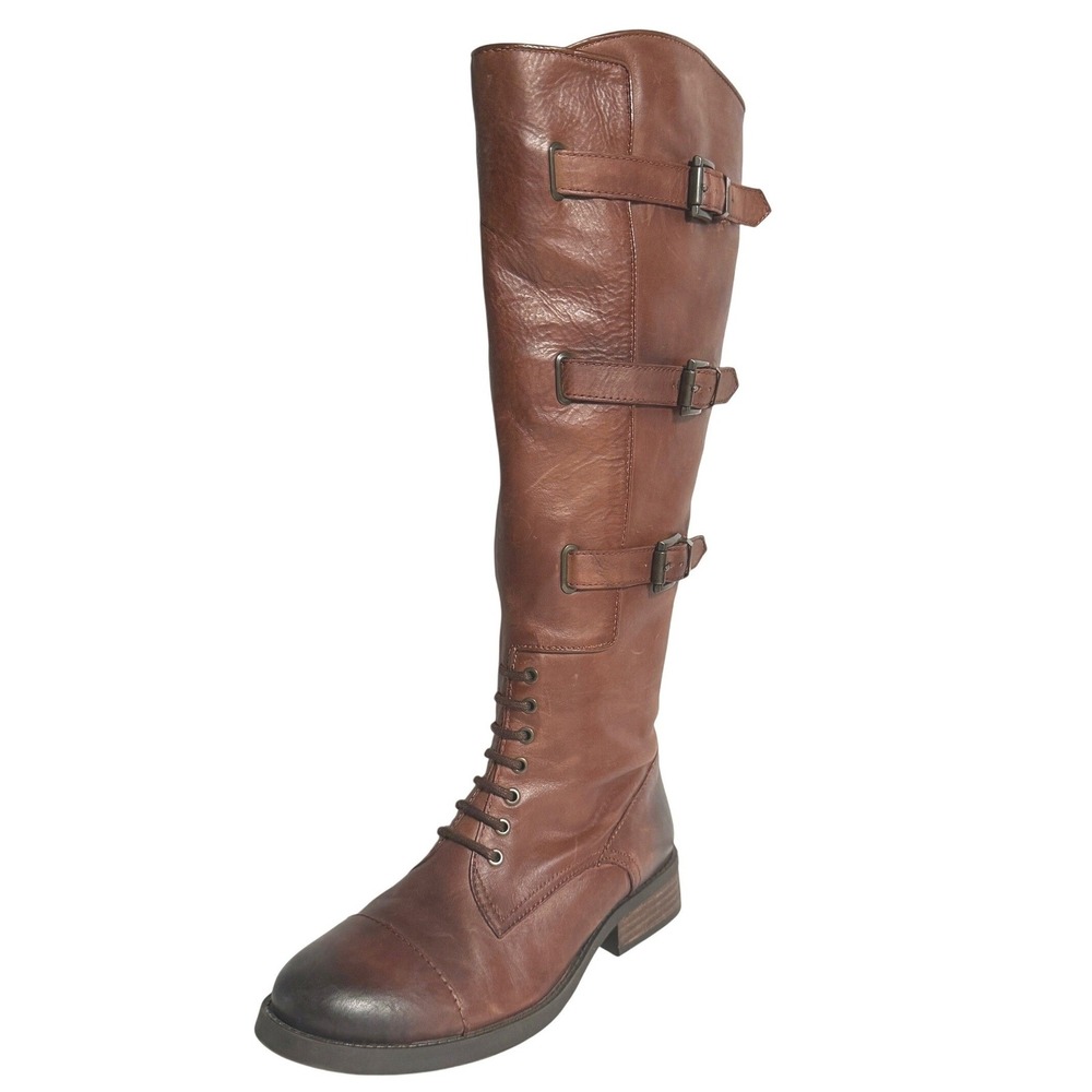 Vince Camuto Womens Leather Riding Boots Equestrian Buckle Lace Zip Size 6.5